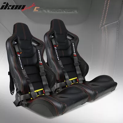 Universal 2PC Reclinable Racing Seat Dual Slider Belt Black PU Carbon Leather • $408.99