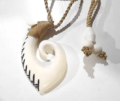 29mm Hand-carved Water Buffalo Bone Tribal Maori Tattoo Koru Hei-matau Fish Hook • $19