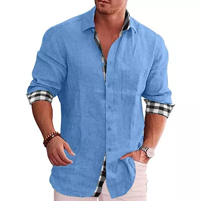 ⭐⭐⭐Mens Cotton Linen Long Sleeve Shirt Loose Button Down Tops T-Shirt Blouse • $18.35