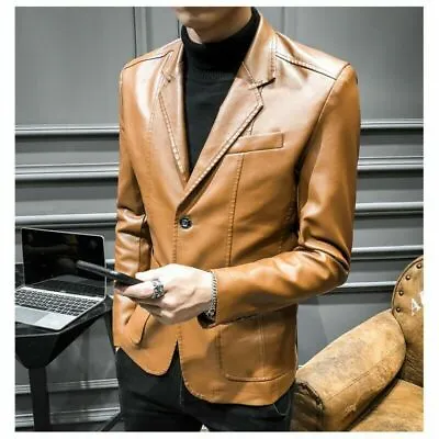 Men's Leather Jacket Slim Fit Two Button Blazer Business Lapel Coat Casual Party • $29.81