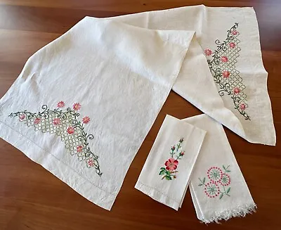 Vintage Hand Embroidered Linen Set Runner 40 X17  2 Hand Towels • $4.50