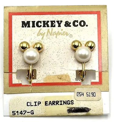 Vtg Napier Disney Mickey Mouse Faux Pearl Gold Tone Clip-On Adj. Earrings Signed • $27.99