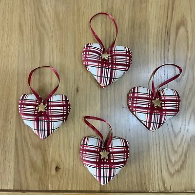 Handmade Burgundy Tartan Padded Hearts Hanging Decorations Set Of 4 • £5.99