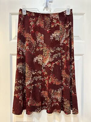 M&S Jacquard Print Midi Skater Skirt Pull On Burgundy Burnout Velvet Women Sz 12 • $33