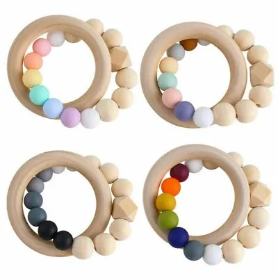 £2.46 • Buy Natural Wooden Ring Silicone Beads Baby Teething  Sensory Bracelets Teether Toys
