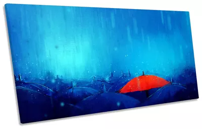 Red Umbrella Blue Rain Print PANORAMIC CANVAS WALL ART Picture • $149.99