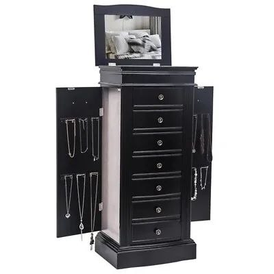 Jewelry Armoire With Mirror 7 Drawers & 24 Necklace Hooks 2 Side Swing Doors • $160.55