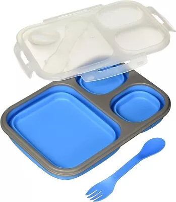 Eco Silicone Collapsible Meal Kit Blue Larfe 3 Compartment School Lunch Box • $15.99