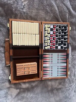 Vintage 5 In 1 Magnetic Chess/Backgammon/Checkers Travel Set Faux Leather Case • $8.99