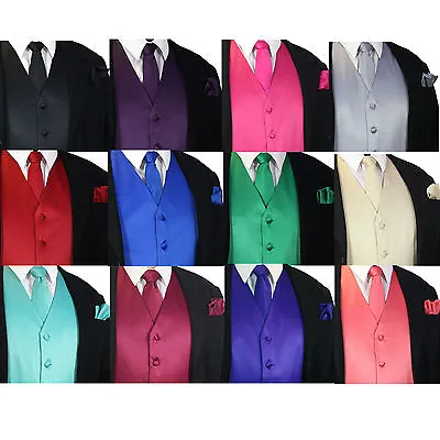 SOLID Men's Dress Vest & Neck Tie Hankie Set For Suit Or Tuxedo Formal Wedding  • $22.25