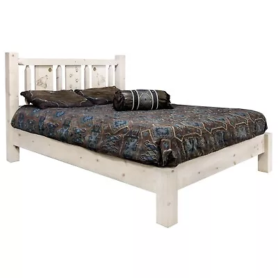 Rustic KING Size Platform Bed FARMHOUSE Etching Headboard Western Amish Made USA • $1299