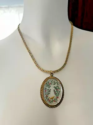 Antique Intaglio Oval Glass Pendant With Bird And Flowers W Chain • $27.99