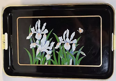 Japan Vintage Mid Century Black Lacquered Oriental Tray Floral Lillies • $20