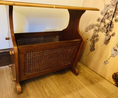 £5 • Buy Vintage Retro 1980’s Dark Wood Rattan French Cane Magazine Newspaper Rack Table