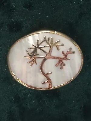 Vintage Mother Of Pearl Gold Tone Frame And Tree Of Life Design Brooch • $22