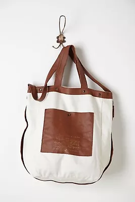 Anthropologie Monserat De Lucca Instructional Tote White Canvas & Brown Leather • $107.99