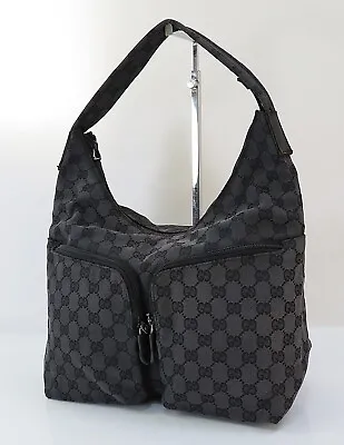 Auth GUCCI Black GG Canvas With Double Pockets Hobo Shoulder Bag Purse #55859B • $179.10