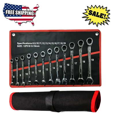 12Pc Ratcheting Wrench Set Combination Spanner Tool Metric 8-19mm Rolling Pouch • $38.09