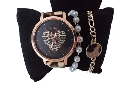 Watch And Bracelet Set Ladies Women Girls Fashion Leather Strap Wristwatch Gift • £4.99