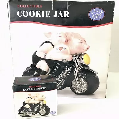 1999 Clay Art Harley Biker Hogs Cookie Jar & Salt Pepper Shaker Set Motorcycle • $116.99