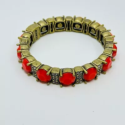 J. Crew Bracelet Red Acrylic Pave Crystal Link Gold Tone Stretchy Jewelry • $19.95