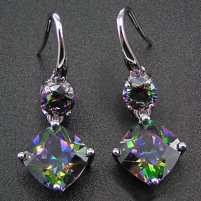 925 Silver Gold Women Mystic Topaz Ear Stud Dangle Drop Earrings Wedding Jewelry • $2.83