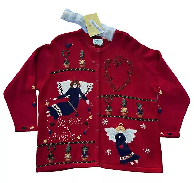 Quaker Factory Christmas Angel Sweater Vintage Red Button Covers Ugly 2X NWT QVC • $79.97