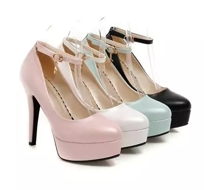 Womens Ankle Strap Pump Round Toe Platform Mary Jane High Heels Party Shoes Size • $55.95