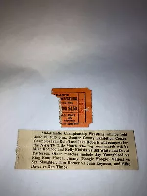 Original 1980's NWA Mid-Atlantic Wrestling Ticket Stub W/ Newspaper Clipping WWE • $29.99