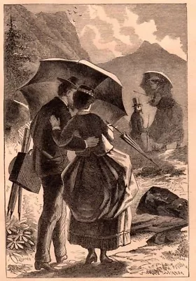 Antique Victorian Art Print Engraving 1871 What Keeps Mary Jane Couple Umbrella • £11.52