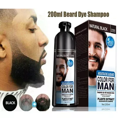Men 2 In 1 Beard Mustache Natural Hair Color Shampoo Permanent Black Dye 200ML • £9.99