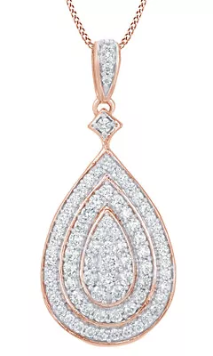 1.00 CT Round Cut Real Diamond Layered Teardrop Pendant Necklace 10K Rose Gold • $1785.08
