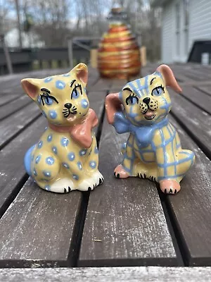 Vintage Ceramic Arts Studio Gingham Dog Cat Salt And Pepper Shaker Set 1950’s • $65