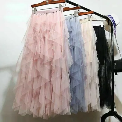 £16.79 • Buy Women High Waist RUFFLE MESH TUTU MAXI SKIRT Sheer Net Tulle Pleated Long Skirts