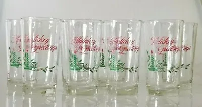 $30 • Buy 8 Vintage Brockway 8 Oz. Glass Tumblers Holiday Greetings Candle Mistletoe VGC