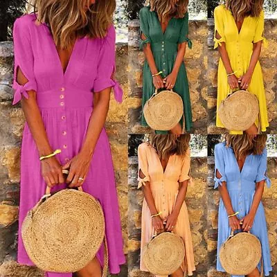 Plus Women V Neck Midi Dress Ladies Summer Holiday Beach Casual Sundress Gown US • $20.15