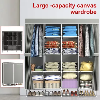 LOEFME Large Canvas Fabric Wardrobe Clothes Shelving With Hanging Rail Cupboard • £19.49