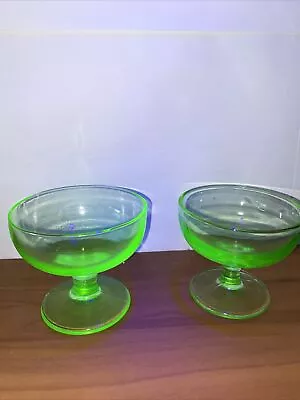 Vintage Green Depression Uranium Glass Dessert Footed Dishes Set Of Two Chipped • $22.46