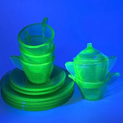 Vtg Akro Agate Child Tea Set Transparent Stippled Band Green Depression Glass • $70