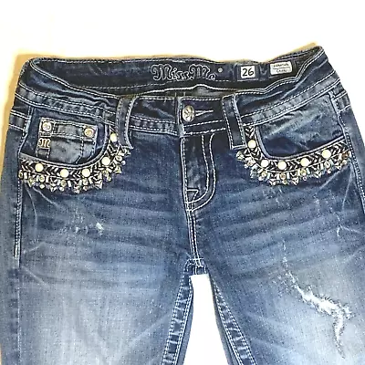 Miss Me Signature Capri Distressed Blue Denim Embellished Size 26 • $19.99