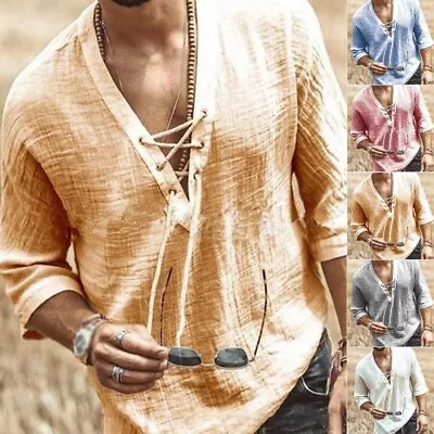 Vintage Men Medieval Long Sleeve Shirt Lace Up Blouse Collarless V Neck Tee Tops • £15.82