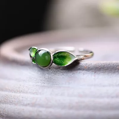 Real 925 Sterling Silver Band Men Women Jade Jasper Enamel Leaf Ring  • £19.21