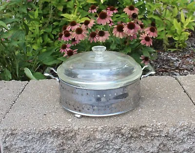Vintage Fire King Round Clear Casserole Dish Metal Carrier Trivet Stand 1.5 Qt • $24.99