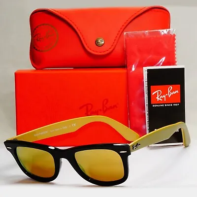 Ray-Ban Sunglasses Wayfarer Black Gold Mirror Mustard RB 2140 1173/93 50mm • $183.34