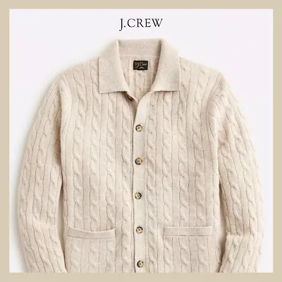 NWT - J. CREW Men 's Cashmere Cable-Knit Polo Cardigan Sweater Hthr Birch Large • $167