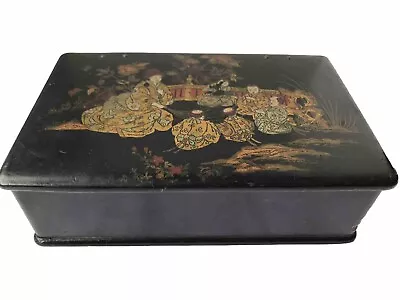 Oriental Antique Asian Black Lacquered Metal Trinket Box Jewelry Box Hinged Lid • $20