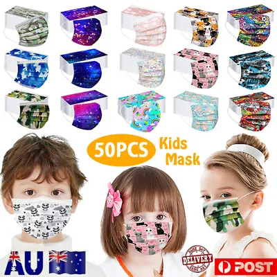 50x Kids Printed Face Mask Protective Mouth Cover Three Ply Breathable Children • $18.96