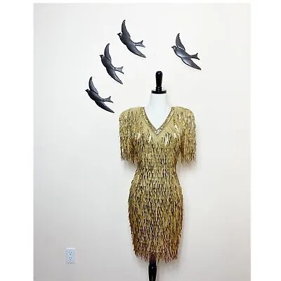 NEW! Barbie Movie Vintage Oleg Cassini Black Tie Gold Beaded Fringe Dress - 4 • $350