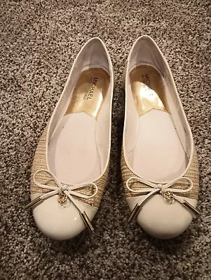 Michael Kors Straw Gold & Patent Cream Jordana Ballet Flats W/ Bow Size 8M • $12.99