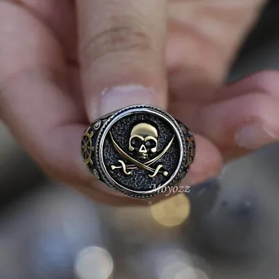 Viking Double Knife Skull Ring. Stainless Steel Men's Vintage Pirate Seal Ring • $10.99